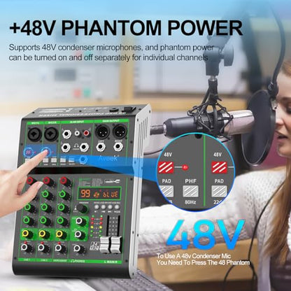 Aveek Audio Mixer, 4 Channel Mixer with Bluetooth and USB Recording | DJ Mixing Console with 99 DSP Effects, 48V Phantom Power, PC Recording Mixer for Karaoke, Studio, Podcast and Live Streaming