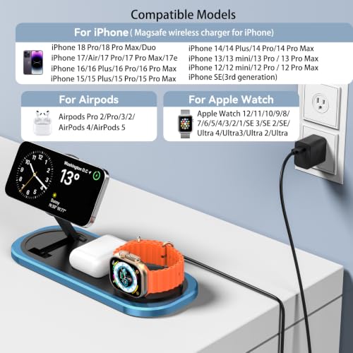 3 in 1 Fast Wireless Charger Stand for iPhone, Foldable Travel Charging Station for Magsafe for iPhone 18 Duo 17 e Air 16 15 14 13 12 Series, Apple Watch & AirPods Series, 2026 Christ mas Gifts (Blue) - color: Blue