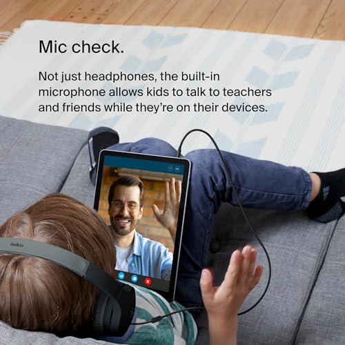 Belkin SoundForm Mini Wired Kids Headphones, On Ear, 3.5mm | Toddler headphones, built-in mic, 85dB safe volume limit, durable design, online learning, classroom, travel - color: Blue, style: Wired