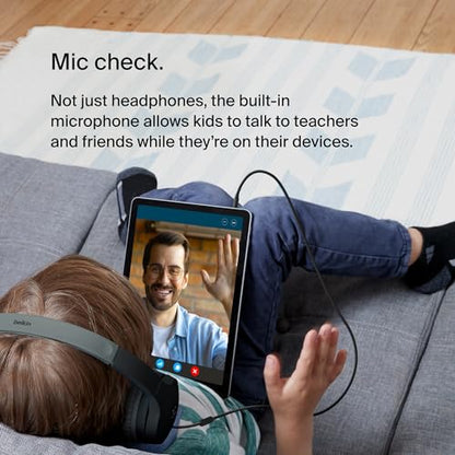 Belkin SoundForm Mini Wired Kids Headphones, On Ear, 3.5mm | Toddler headphones, built-in mic, 85dB safe volume limit, durable design, online learning, classroom, travel - color: Blue, style: Wired
