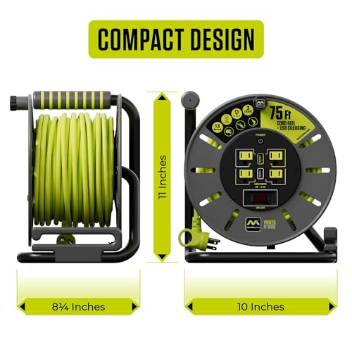 Masterplug 75ft Cord Reel, Retractable Extension Lead with Winding Handle, Safety Overload Circuit Breaker and Power Switch, 4x Grounded Outlets, 2x USB Ports, 13amps, 14AWG Cable - size: 75ft, style: 14 AWG