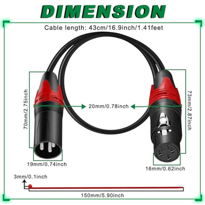 2PCS 1/4 Inch TRS Female to XLR Male Microphone Cable Balanced Quarter Inch 6.35mm to 3-Pin Plug Adapter Self Locking Metal Shell with Cable Tie, for Guitar Speakers Mixers (1.4Ft) - color: TRS to XLR