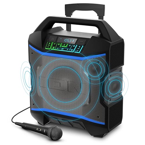 ION Block Rocker - Portable Bluetooth Outdoor Party Speaker with Karaoke Microphone, Battery, 4 Speakers, Radio, USB Port, App, Water-Resistant, 120W - style: Block Rocker