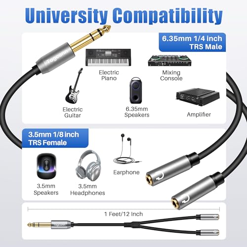 6.35mm to Double 3.5mm Headphone Y Adapter,6.35mm 1/4 Inch TRS Male to Dual 3.5mm 1/8 Inch TRS Female Stereo Audio Y Splitter Cable for Headphones, Guitar, Speakers, Amplifiers, Mixers-1Feet/12 Inch - style: 1 Pack