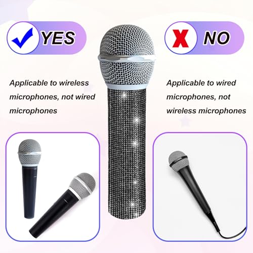 MECCANIXITY Black Mic Handle Cover, Rhinestones Microphone Handle for Most Universal Wireless Microphones, Mic Not Included(with Grey Velvet Bag) - color: Black Grey