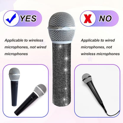 MECCANIXITY Black Mic Handle Cover, Rhinestones Microphone Handle for Most Universal Wireless Microphones, Mic Not Included(with Grey Velvet Bag) - color: Black Grey