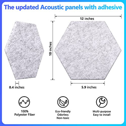 18 Pack Hexagon Acoustic Panels, 12" X 10" X 0.4" High Density Sound Absorbing Panels Soundproof Wall Panels For Home Sound proof Insulation Beveled Edge Studio Treatment Tiles (Gray) - color: gray-hexagon