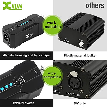 Xvive P1 Phantom Power Supply 48V/12V Switch,Up to 40 Hours of Use,Rechargeable Portable Phantom Power for Condenser/Shotgun Microphones, Mic Preamp, Recording Studios - size: P1 without XLR