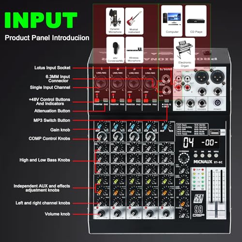 Audio Mixer 6 Channel Professional Sound Mixer Console with 99 DSP Effects, Mixing Board DJ Mixer w/USB, Bluetooth, 48V Power Supply, PAD Button for Recording Karaoke PA Drum Live Music