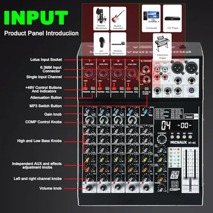 Audio Mixer 6 Channel Professional Sound Mixer Console with 99 DSP Effects, Mixing Board DJ Mixer w/USB, Bluetooth, 48V Power Supply, PAD Button for Recording Karaoke PA Drum Live Music