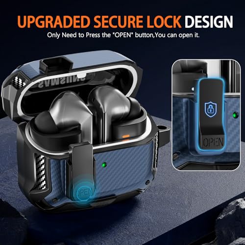 Safety Lock Case for Samsung Galaxy Buds3 FE/3/3 Pro (Blue) | with Phone Stand,with Secure Lock Clip & Cleaning kit Full Body Shockproof Carbon Fiber Protection Design - color: C-blue