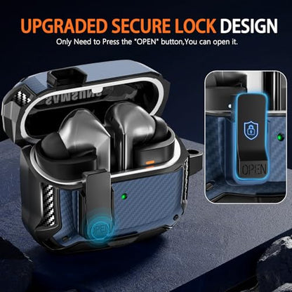 Safety Lock Case for Samsung Galaxy Buds3 FE/3/3 Pro (Blue) | with Phone Stand,with Secure Lock Clip & Cleaning kit Full Body Shockproof Carbon Fiber Protection Design - color: C-blue
