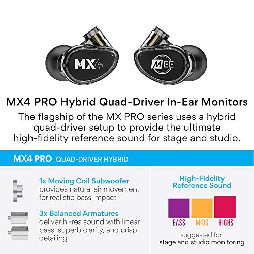 MEE audio Professional MX4 PRO Quad-Driver Hybrid Musicians In Ear Monitor Headphones with High-Resolution Reference Sound; Noise Isolating Earbuds Earphones with Detachable Cables, Black - color: Black, size: MX4 PRO