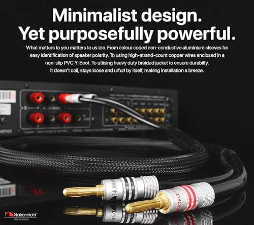 Nakamichi 24k Gold Plated Banana Plugs Speaker Cables 99.9% OFC (6 Feet) | Oxygen-Free Copper, Excel Series, Amplifier Heavy Duty Braided In-Wall CL2 Rated Wires - Black (12AWG / 6ft / 1.8m) 2-Pack - color: Black, size: 12 AWG (6-Feet)