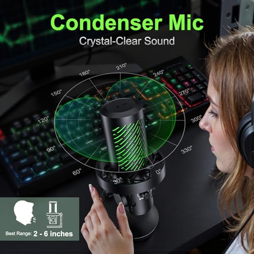 tenlamp RGB USB Condenser Microphone for Gaming Streaming Podcast - Cardioid with Touch Mute & Noise Reduction, Dynamic RGB Lights, Gain Knob, Headphone Monitoring, Plug and Play for PC Mac Phone
