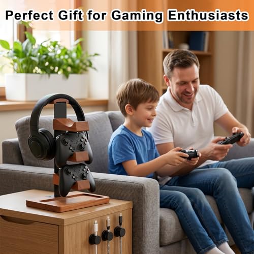 Headset Stand with Dual Controller Holder, Solid Wood | Headphone Stand with Storage Base, Gaming Equipment Accessories for Desk, Controller Holder for Gamers