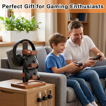 Headset Stand with Dual Controller Holder, Solid Wood | Headphone Stand with Storage Base, Gaming Equipment Accessories for Desk, Controller Holder for Gamers