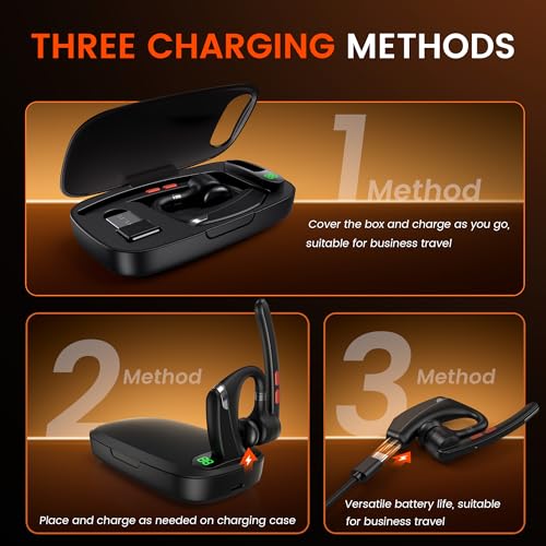 Bluetooth Headset V5.3, Wireless Headset with Dual Noise-Canceling Microphones, Portable Charging Case, 300H Standby Time, Hands Free Headphones for Computer/Cell Phones, Trucker/Home/Office/Work