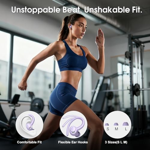 Wireless Sport Earbuds with Earhook, 48Hrs Deep Bass/ENC Mic Ear Bud Purple | Wireless Earphone with LED Display, Bluetooth 5.3 Headphones In Ear, IPX7 Waterproof Over Ear Buds for Running/Workout - color: Purple