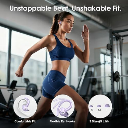 Wireless Sport Earbuds with Earhook, 48Hrs Deep Bass/ENC Mic Ear Bud Purple | Wireless Earphone with LED Display, Bluetooth 5.3 Headphones In Ear, IPX7 Waterproof Over Ear Buds for Running/Workout - color: Purple