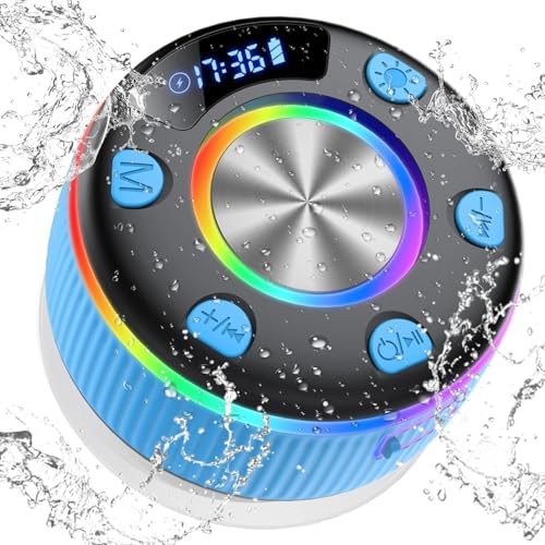 2026 Bluetooth Shower Speaker, Digital Display Portable Speaker with Suction Cup, LED Light, 360° HD Stereo Sound and Robust Bass Waterproof Speakers Wireless for Bathroom, Beach, Car - color: Blue