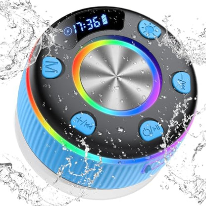 2026 Bluetooth Shower Speaker, Digital Display Portable Speaker with Suction Cup, LED Light, 360° HD Stereo Sound and Robust Bass Waterproof Speakers Wireless for Bathroom, Beach, Car - color: Blue