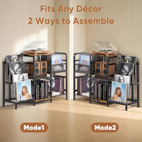 POKIPO Large Record Player Stand, Vinyl Record Storage Holds up to 400+ Albums, 3 Tier Turntable Stand with Display Shelf, 3-in-1 Multifunctional Record Player Cabinet Media Console Table for Stereo
