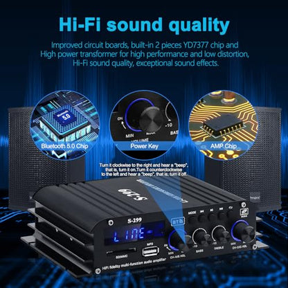 Audio Power Amplifier for Home Speakers -S-299 Bluetooth 5.0 Power Amp | 4.1 Channel RMS 40Wx4 Subwoofer AMP DC 12V/5A Mini Integrated Digital Amplifier with USB/SD & AUX Jack - color: S-299(4.1CH 40W*4 +50W RMS)