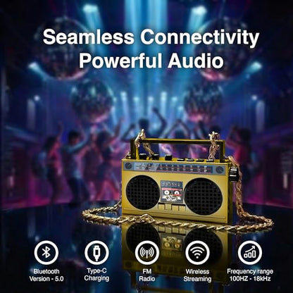Portable Bluetooth Speakers, Retro Speakers Bluetooth Wireless Wearable | Mini Bluetooth Boombox with 27” Neck Chain, FM Radio, On-Board Buttons, Dual 3W Peak Power Bluetooth Speaker for Anywhere - color: Gold