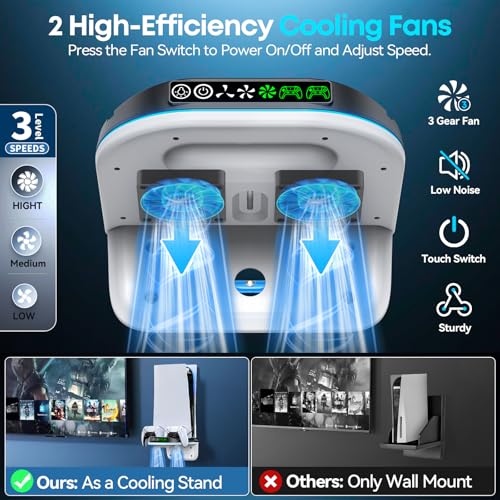 P S5 Wall Mount Kit with Cooling Fan and Charging Station Compatible with PS5/ Slim/ Pro Disc and Digital, PS Five Floating Shelf with 9 RGB Lights, PS 5 Mount Behind TV, P5 Accessories for Gaming, Black and White - color: Black and White