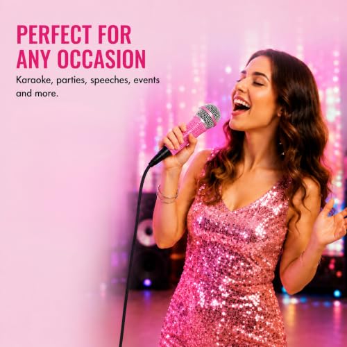 Pink Wired Karaoke Microphone with Rhinestones Sleeve Decoractive | Sparkly dynamic mic for karaoke, singing, parties and speeches with 11.5 ft XLR cable, 6.35mm plug and 3.5mm adapter