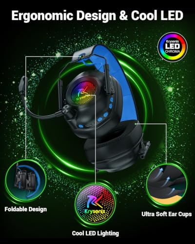 Krysenix Wireless Gaming Headset with Noise Canceling Microphone - Blue | For PC, PS5, PS4, Switch, Mac, 2.4 GHz Wireless & Bluetooth 5.4 Gaming Headphones,RGB Lighting,1200 mAh Battery,50mm Drivers - color: Blue