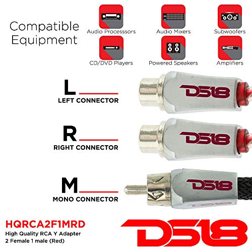 DS18 HQRCA-2F1MRD Red RCA Y Adapter or Splitter Connectors Extension Cord 1-Male RCA to 2-Female RCA to Connect a subwoofer or Amplifier to a TV, CD Player, DVD Player - style: RCA - 2 x Female to 1 x Male (Red)