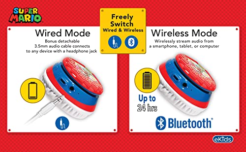 Super Mario Wireless Bluetooth Portable Kids Headphones with Microphone, Volume Reduced to Protect Hearing Rechargeable Battery, Adjustable Kids Headband for School Home or Travel - color: Super Mario