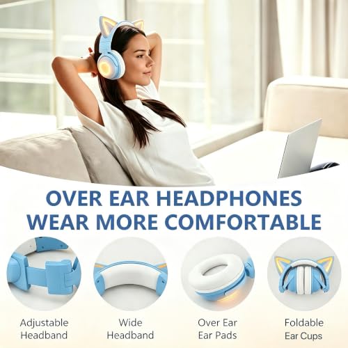 Cat Ear Headphones with Microphone,Gaming Headset,LED Lights | Bluetooth Over Ear Headphones,Dual Mode Wireless & Wired Headphones,Compatible with Phone/PC/Tablet/TV,Foldable,Blue - color: Blue