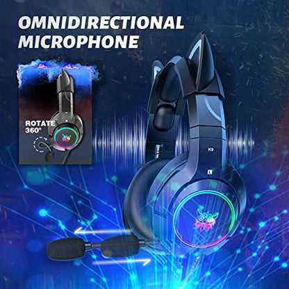 PHNIXGAM Gaming Headset - Removable Cat Ears, RGB/Retractable Mic, Black | Wired 3.5mm surround sound gaming headphone, Compatible with PC, PS4, PS5, mobile - color: Black 3.5mm