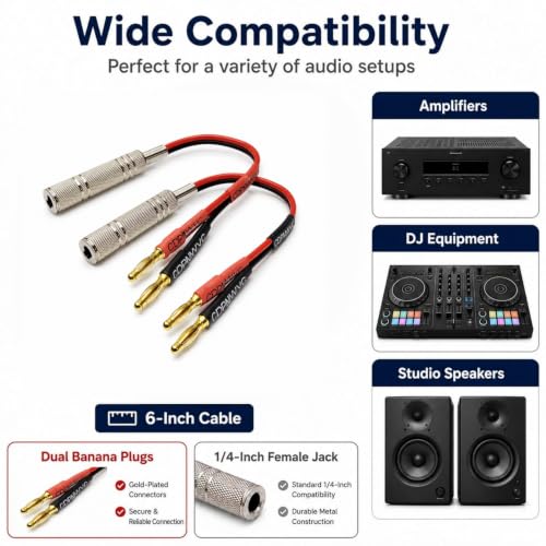 1/4 TS to Banana Plug Speaker Cable 2-Pack, 15AWG Gold-Plated OFC Flexible Silicone, for Marshall Fender QSC JBL Yamaha Guitar Amp Studio Monitor PA System