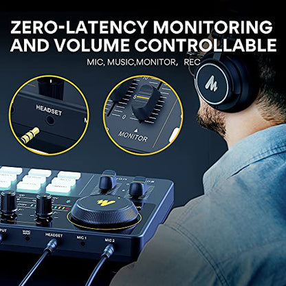 MAONO Podcast Equipment Bundle with Audio Mixer & 3.5mm Mic for Streaming | All-in-one audio production, PC and smartphone-compatible, 4 custom soundpads, for creators, home podcast setup AU-AM200-S6 - color: AU-AM200-S6 Black
