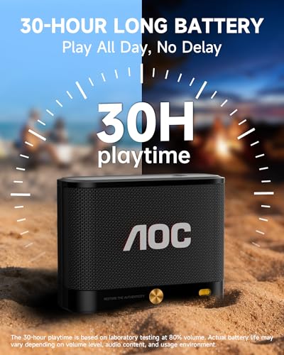 AOC Portable Bluetooth Speaker, Shower Speaker, BT 5.4 with Wireless Stereo Pairing, BassUp, IP65 Waterproof, Dustproof, 30-Hour Playtime, Compact Small for Home, Outdoors, Travel, Black