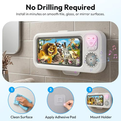 Shower Phone Holder with Wireless Bluetooth Speaker, 360° Rotating Bathroom Phone Mount with Speaker, 2026 New Waterproof Shower Phone Case for Any Phone, Fits Most Smartphones (White)