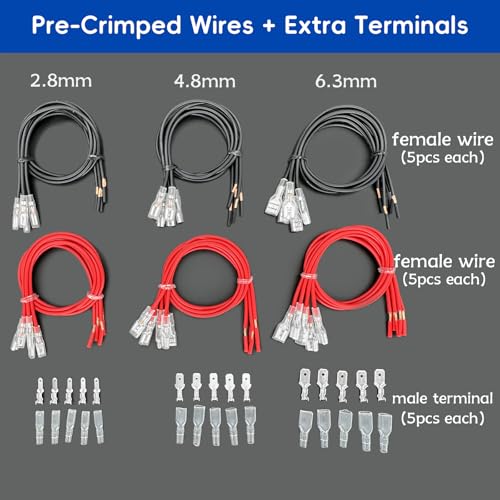 Speaker Wire Connector Kit 30PCS 18AWG Female Spade Terminal Wire Connectors Pre-Crimped 2.8/4.8/6.3mm, 30cm Red & Black, with 15PCS Extra Open-End Male Terminals—All with Insulating Sleeves