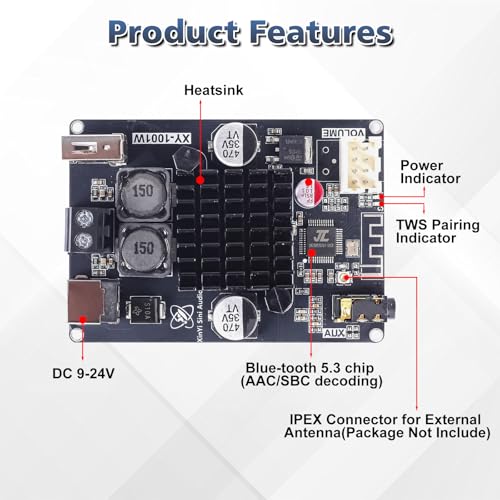 Bluetooth Amplifier Board 100W, with IPEX Antenna Connector (DC 9-24V) | TPA3116 Mono Audio Amp , with TWS Pairing, AUX/USB/Bluetooth Input, Wired Volume Control for Speaker DIY, Car & Home Audio