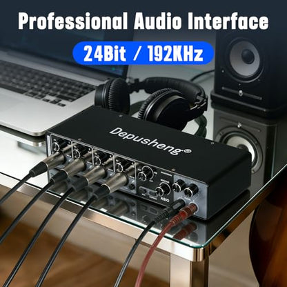 Depusheng USB Audio Interface with ASIO Drivers, 24Bit 192Khz, Phantom Power +48v, Low Latency for Home Studio Recording, PC/MAC Compatible (4 CHANNEL)