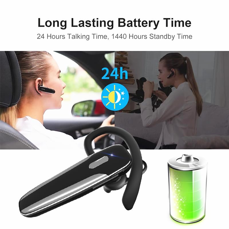 Single Ear Bluetooth Headset V5.3 Single-Ear Earpiece with Wireless Microphone 48H Battery, Bluetooth Earpiece - Handsfree for Driving/Truck Drivers, Compatible with iPhone, Android, Samsung - color: Glossy Black