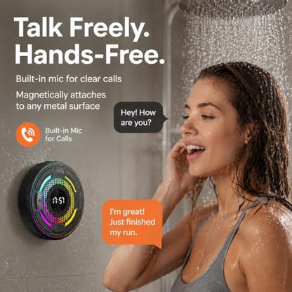 Waterproof Speaker Bluetooth,Portable Magnetic IPX7 Shower Speaker with 360° Surround Sound 10W, Bluetooth 5.3, Mic & LED Light, Hook & Lanyard, 12H Playtime for Bathroom, Outdoor, Beach （black）