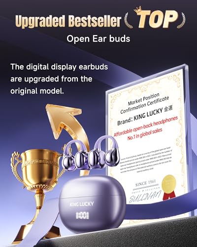 King Lucky Clip-On Earbuds Gen 3, Open-Ear Wireless Bluetooth 6.0 Headphones with Mic, Secure Fit for Small Ears & Glasses Wearers, 50H Playtime, LED Digital Display, ENC, IPX5 Waterproof (Purple) - color: Purple, size: Digital Display
