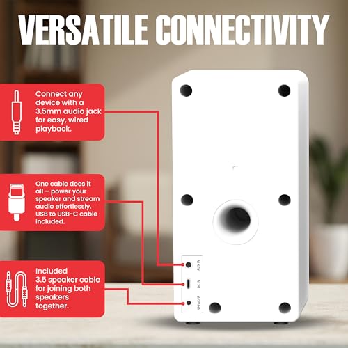 Audiosource Desktop PC Speakers with Bluetooth 5.3, USB-C Plug & Play, 2.0 Stereo Computer Speakers with Dual 2" Drivers, Compact Design, AUX Input, LED Indicator (White) - color: White
