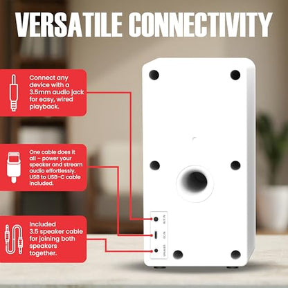 Audiosource Desktop PC Speakers with Bluetooth 5.3, USB-C Plug & Play, 2.0 Stereo Computer Speakers with Dual 2" Drivers, Compact Design, AUX Input, LED Indicator (White) - color: White