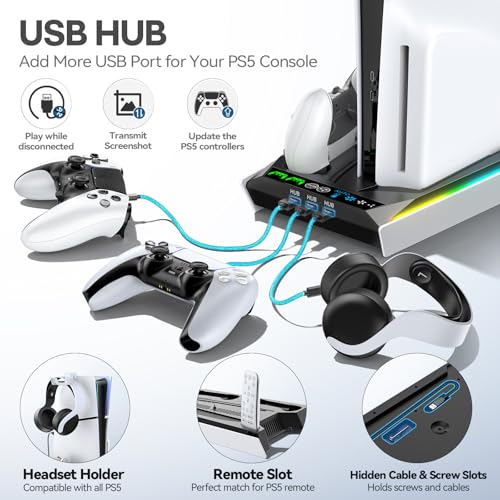 PS5/Slim/Pro Stand for Disc & Digital Console, PS5 Cooling & Charging Station with RGB Lights, PS5 Controller Charger Built-in 3 Level & AUTO Adjustable Fan, Accessories for PlayStation 4 Chargers - color: Black & White