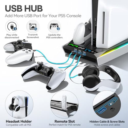 PS5/Slim/Pro Stand for Disc & Digital Console, PS5 Cooling & Charging Station with RGB Lights, PS5 Controller Charger Built-in 3 Level & AUTO Adjustable Fan, Accessories for PlayStation 4 Chargers - color: Black & White
